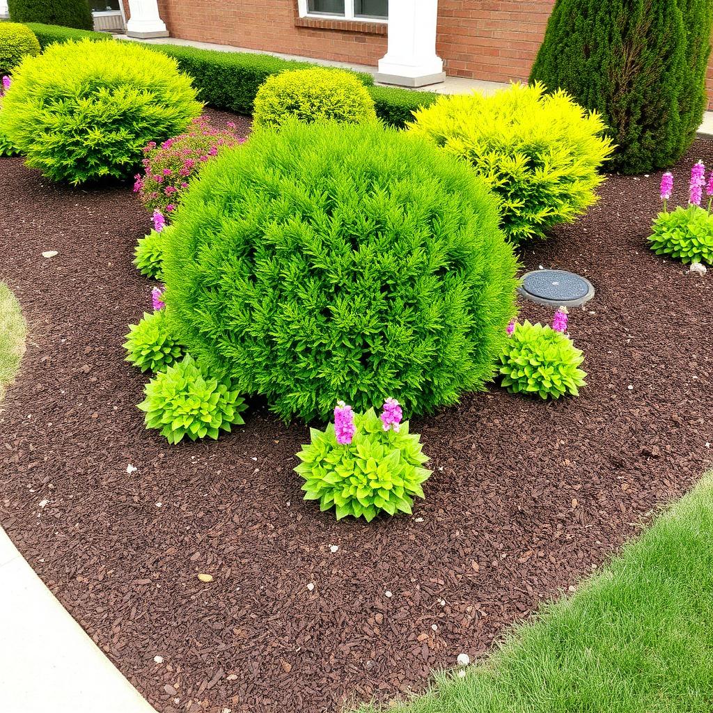Freshly installed mulch around trimmed shrubs