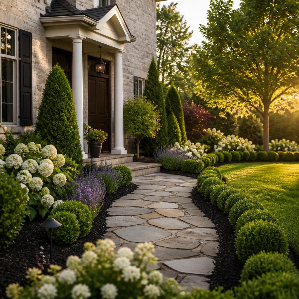 Walkway lined with fresh mulch beds